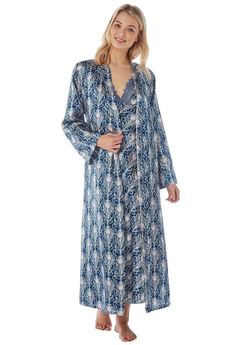 Satin Dressing Gown Peacock Print