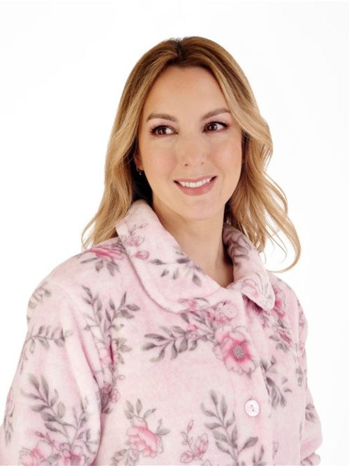 Floral Flannel Fleece 3/4 Sleeve Bed Jacket Slenderella Pink