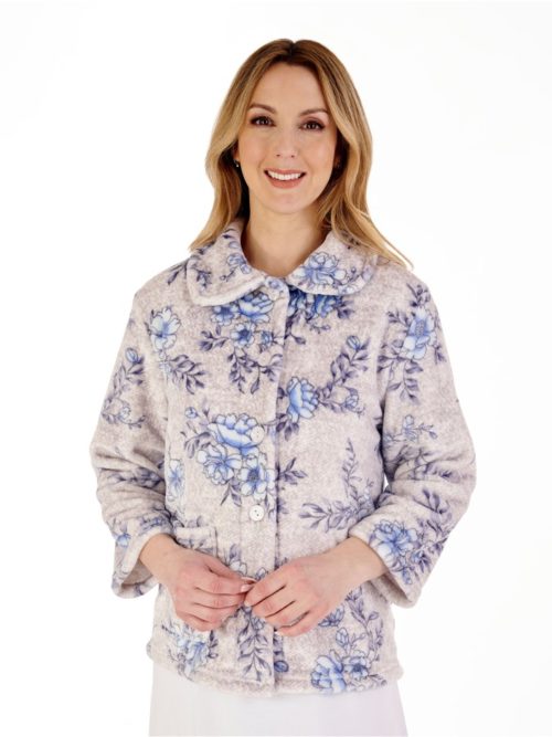 Floral Flannel Fleece 3/4 Sleeve Bed Jacket Slenderella Blue