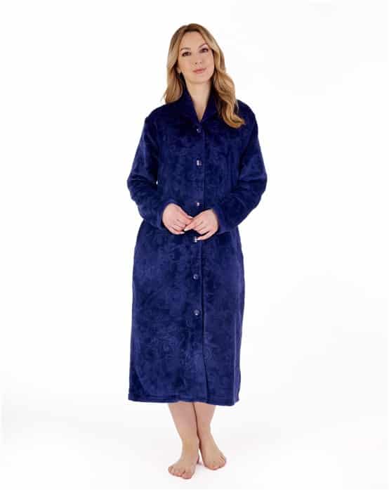 Navy Button Down Patterened Dressing Gown Slenderella